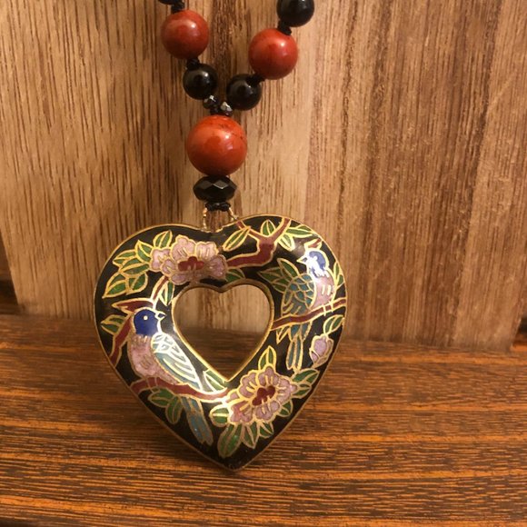 Natural Material Beaded Heart Pendant Necklace - Picture 2 of 3